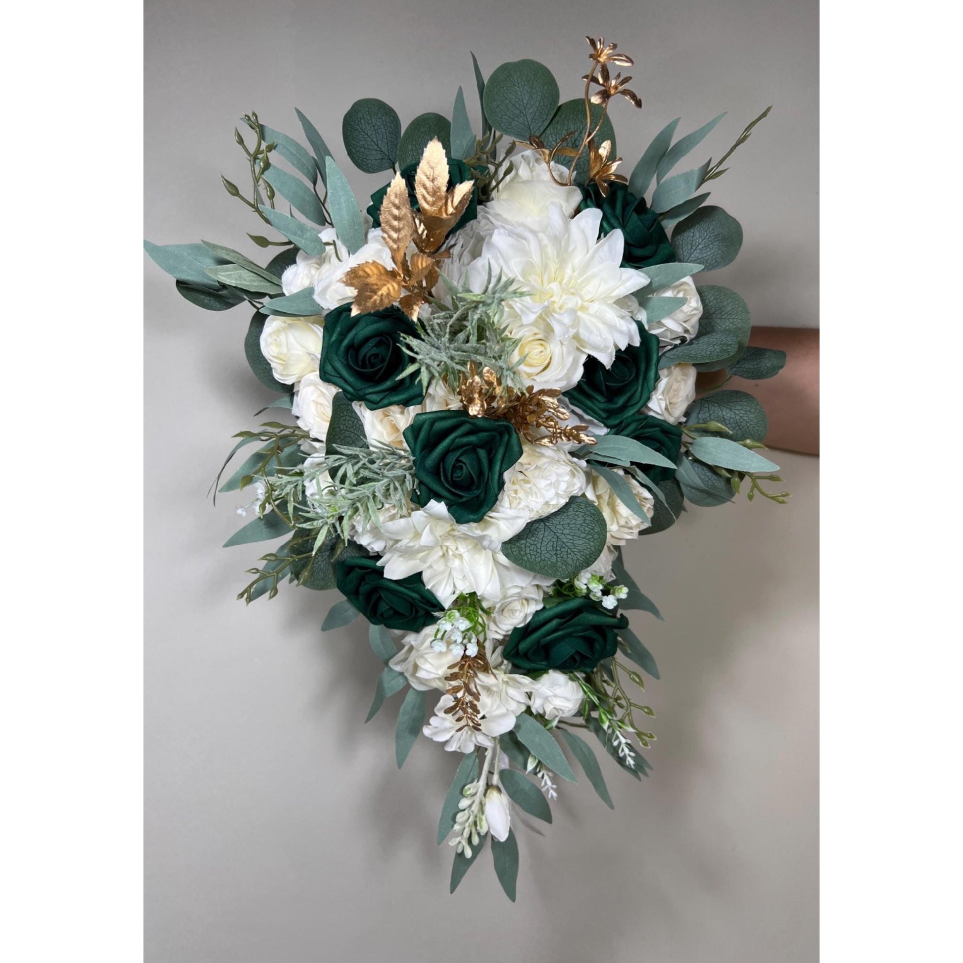Emerald Green Bouquet Bridal Cascade White Hunter Green Bridesmaids Bouquet Emerald Green Forest Ivory Cascading Bouquet Gold Artificial