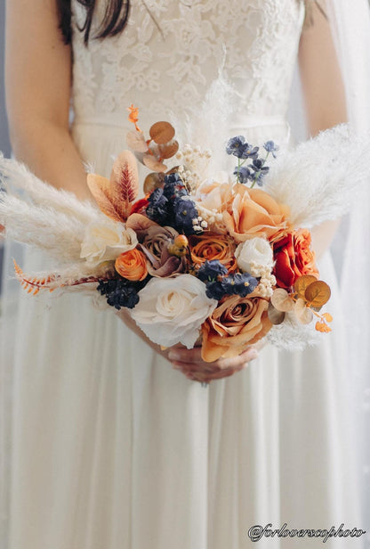 Wedding Bouquet Navy Blue Terracotta Boho Bridal Rust White Bouquet Burnt Orange Brown Cinnamon Navy Blue Artificial Flower Pampas Grass