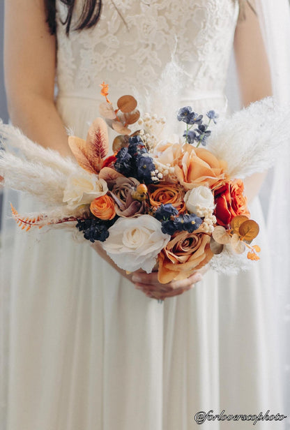 Wedding Bouquet Navy Blue Terracotta Boho Bridal Rust White Bouquet Burnt Orange Brown Cinnamon Navy Blue Artificial Flower Pampas Grass