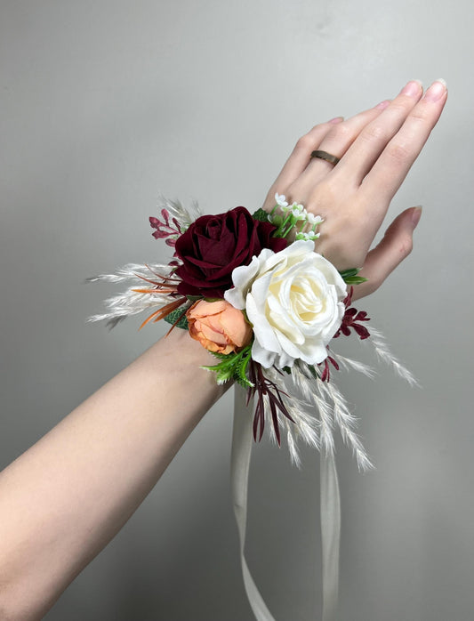 Burgundy Corsage Wedding Orange Corsage Bridesmaids Burgundy White Corsage Burnt Orange Mom Terracotta Ivory Boho Artificial Flower Pampas