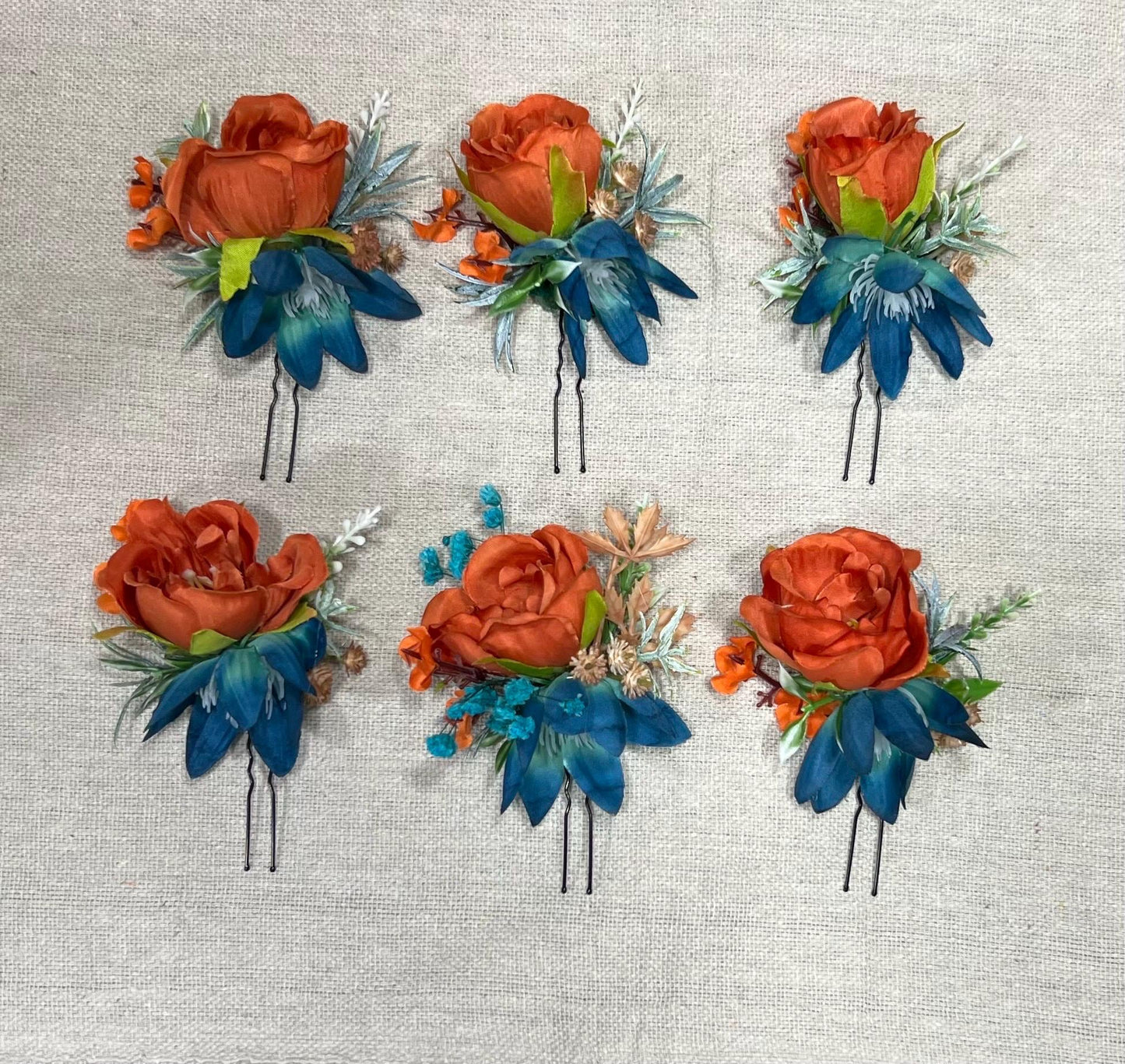 Orange Teal Hair Pin Wedding Rust Flower Girl Headpiece Terracotta Teal Hair Pin Floral Bridesmaids Orange Dark Teal Hair Pin Accessories