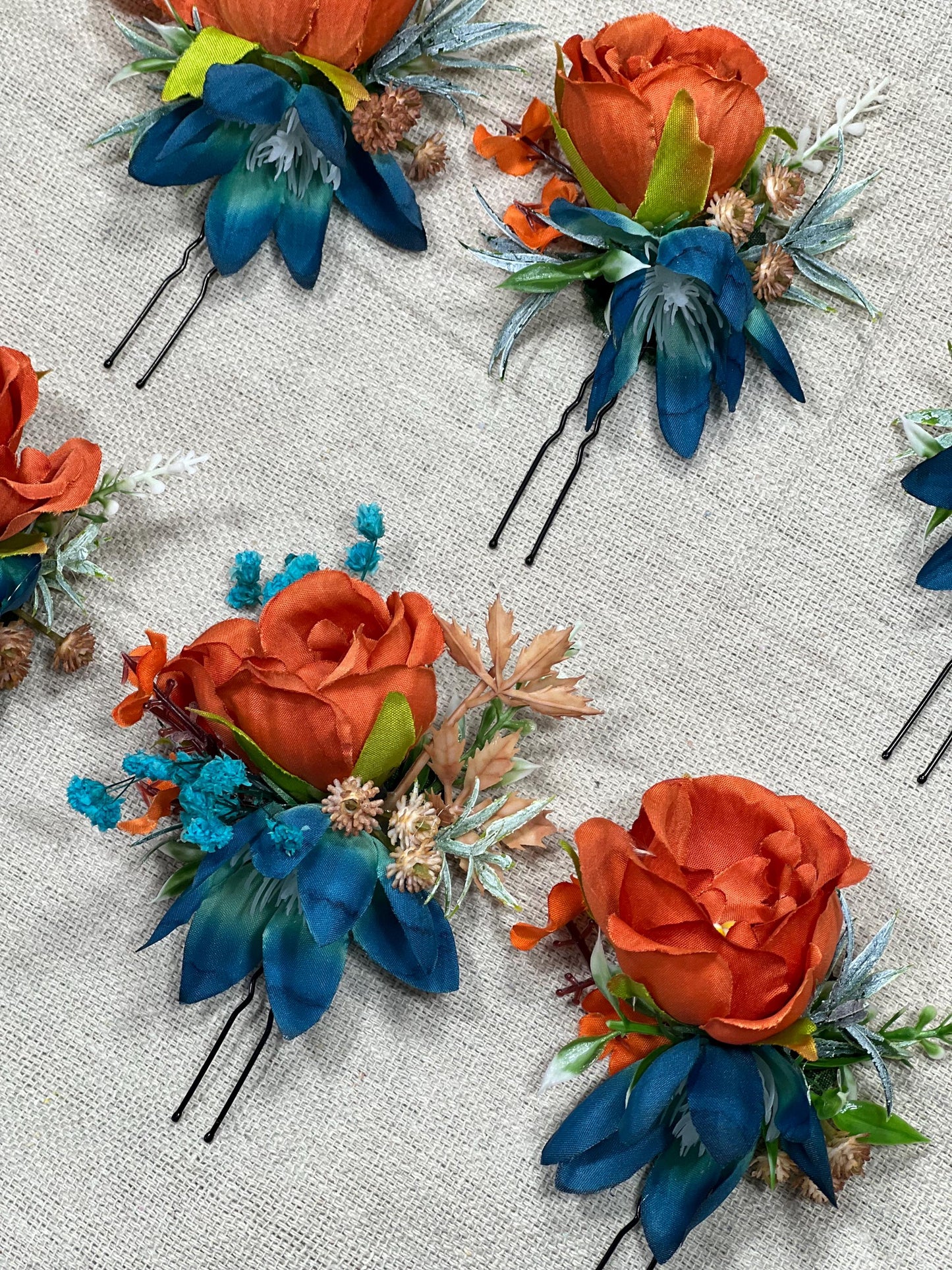 Orange Teal Hair Pin Wedding Rust Flower Girl Headpiece Terracotta Teal Hair Pin Floral Bridesmaids Orange Dark Teal Hair Pin Accessories