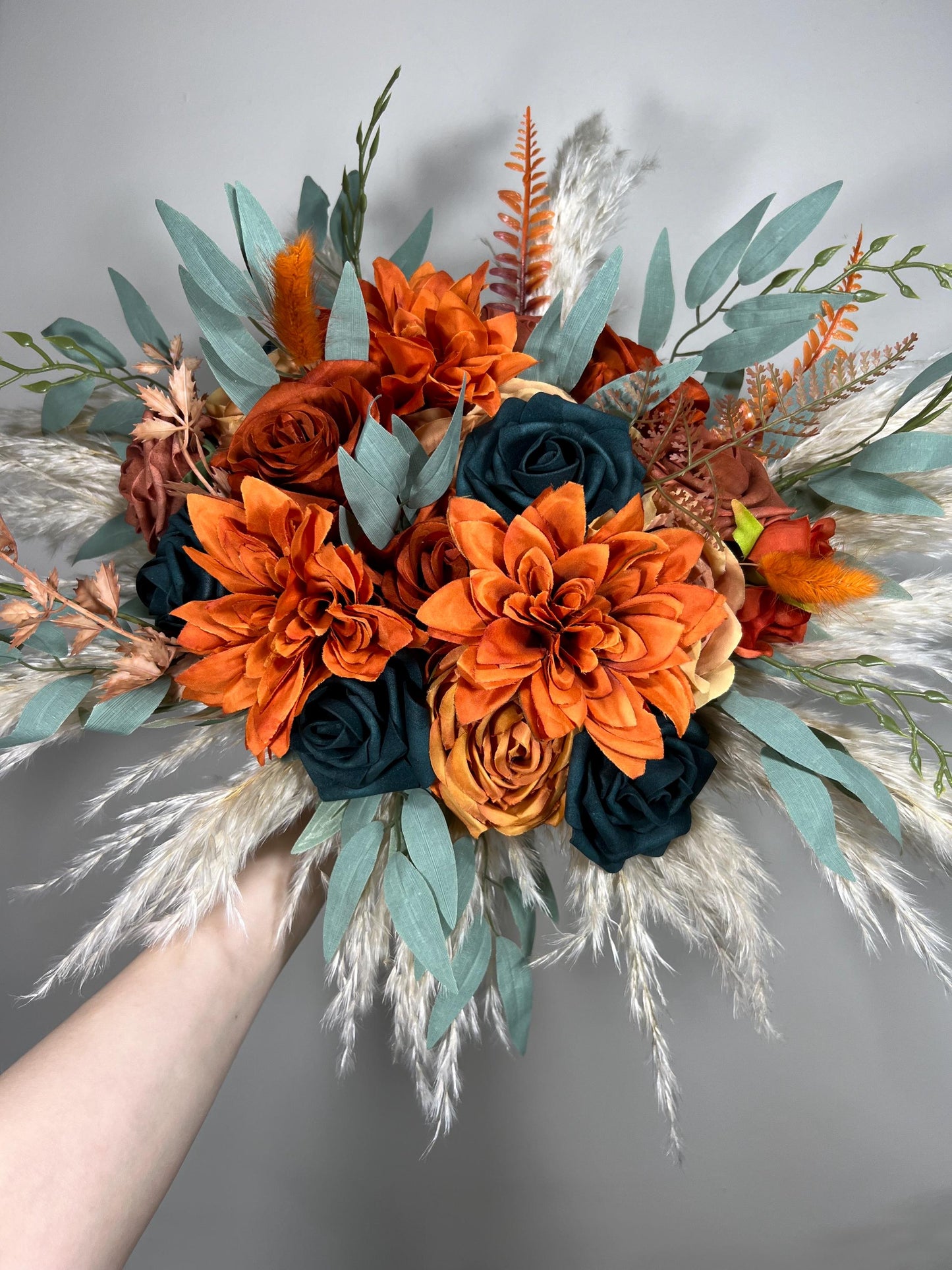 Dark Teal Bouquet Wedding Bridal Terracotta Bridesmaids Orange Bouquet Dark Teal Rust Artificial Flowers Teal Burnt Orange Pampas Grass