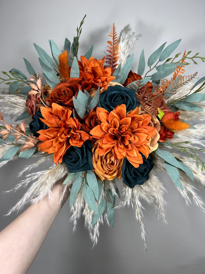 Dark Teal Bouquet Wedding Bridal Terracotta Bridesmaids Burnt Orange Rust Artificial Flowers Boho Pampas Grass Reddit