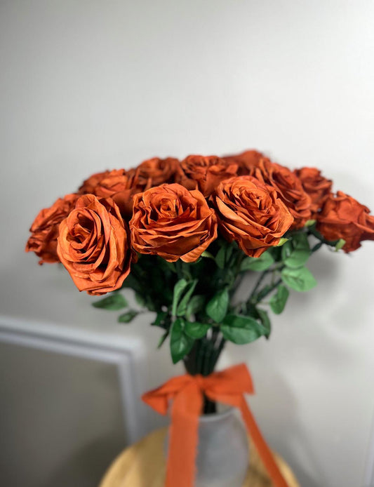 Burnt Orange Flower Head Wedding Artificial Rust Flower with Long Stem Terracotta Flower Head Craft Wedding Supplies Rust Rose Faux Flower
