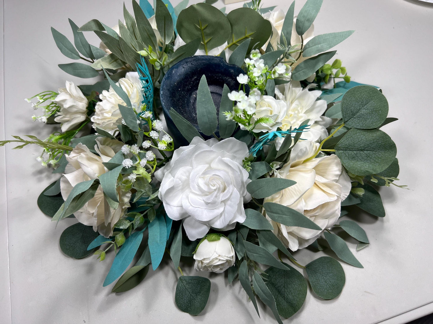 White Centerpiece Opening Center For Candle Wedding Ivory Teal Table Round Centerpiece Circle Table Décor White Eucalyptus Sage