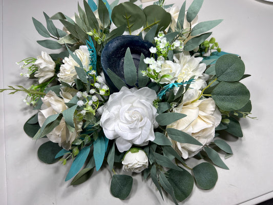 White Wreath Centerpiece 3.5" Opening Center For Candle Wedding Ivory Teal Table Round Centerpiece Circle Table Décor White Eucalyptus Sage