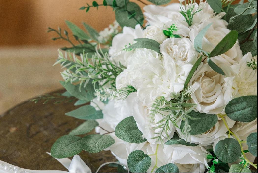 White Bouquet Wedding Bridal Bouquet White Bridesmaids Bouquet Ivory Sage Bouquet Ivory Decor Eucalyptus Greenery Artificial Flower