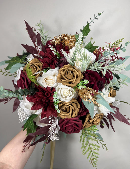 White Burgundy Bouquet Bridal Gold White Bouquet Christmas Bridesmaids Bouquet Winter White Gold Burgundy Eucalyptus Fern Artificial Flower