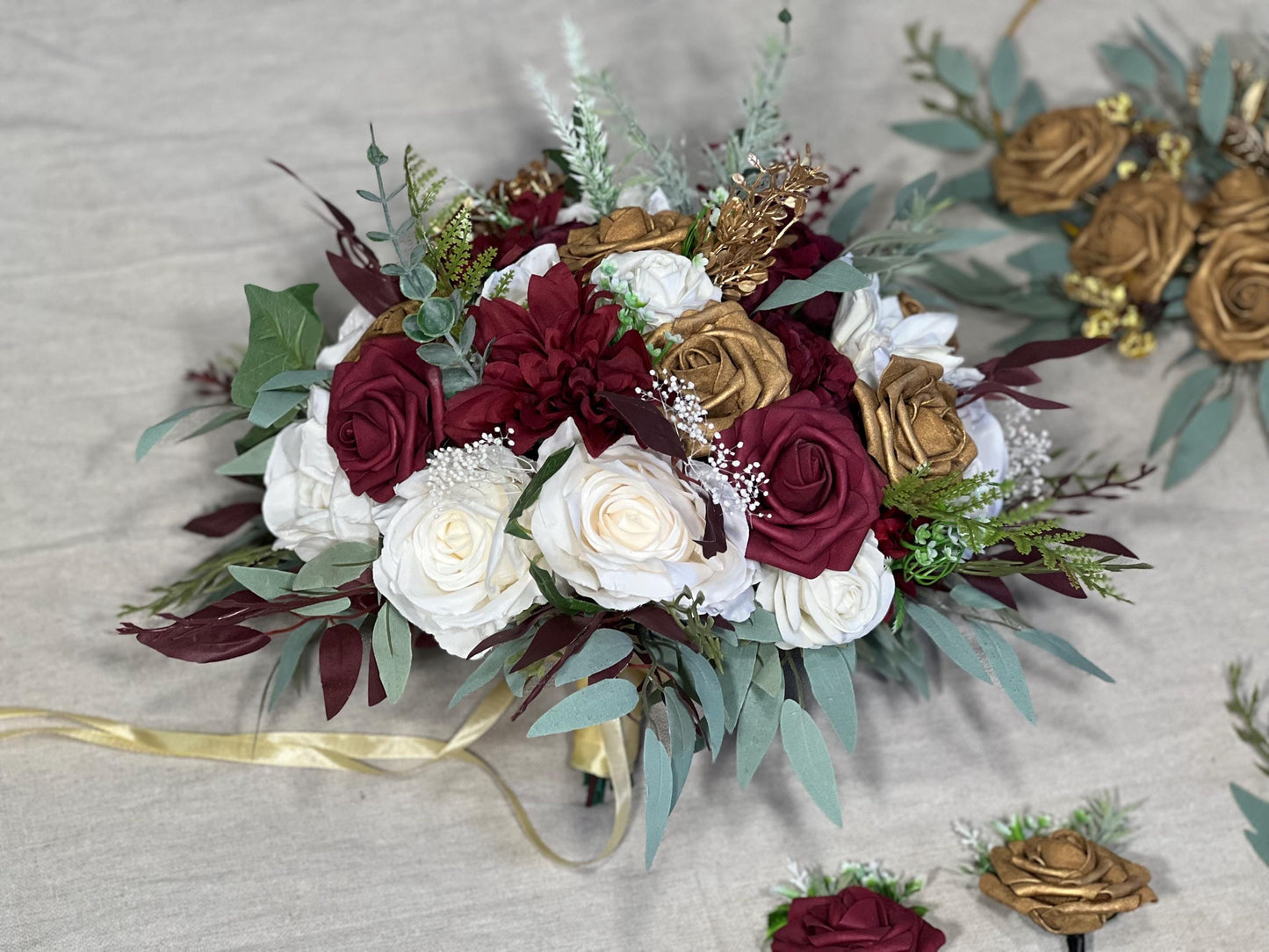 White Burgundy Bouquet Bridal Gold White Bouquet Christmas Bridesmaids Bouquet Winter White Gold Burgundy Eucalyptus Fern Artificial Flower