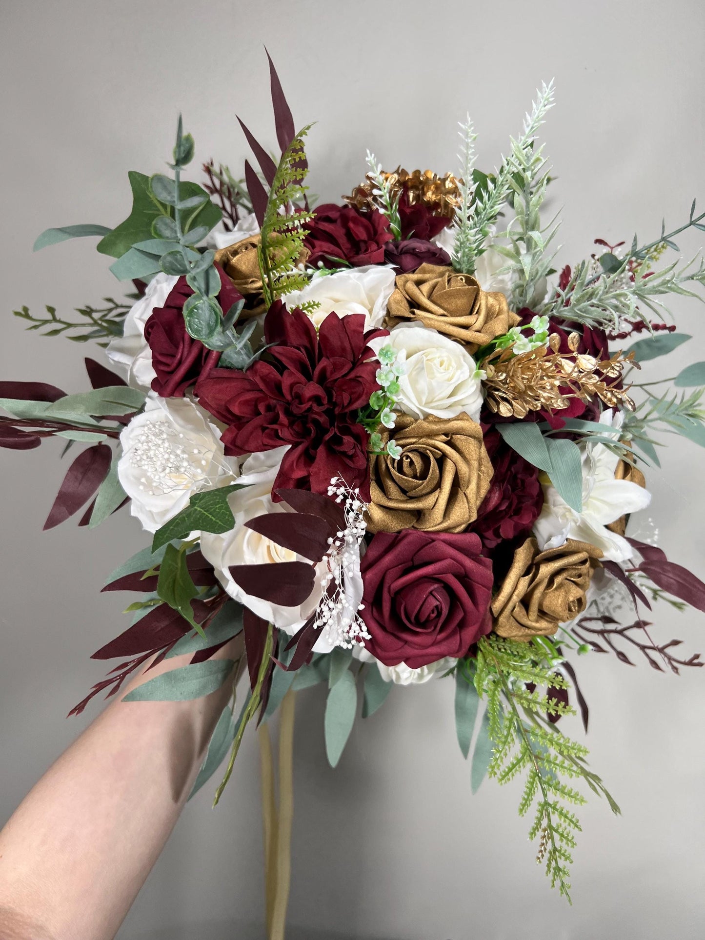 White Burgundy Bouquet Bridal Gold White Bouquet Christmas Bridesmaids Bouquet Winter White Gold Burgundy Eucalyptus Fern Artificial Flower