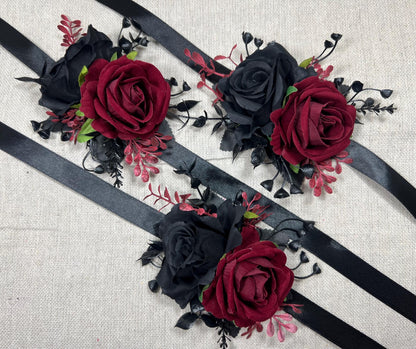 Black Burgundy Corsage Wedding Gothic Wrist Corsage Bridesmaids Black Corsage Mom Black Burgundy Accessories Artificial Flower