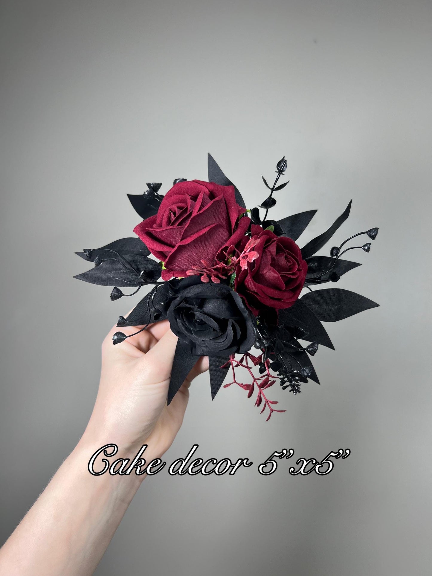 Black Cake Decor Wedding Topper Burgundy Black Decor Flower Cake Arrangement Black Gothic Cake Decoration Burgundy Artificial Flower