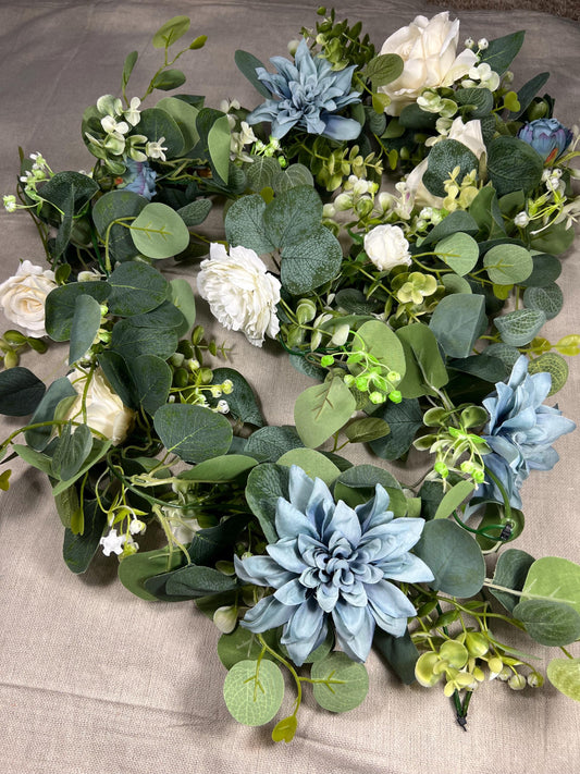 White Blue Garland Wedding Table Runner Aisle Arrangement Arch Dusty Blue Silver Dollar Eucalyptus Decoration Blue Table Runner Greenery