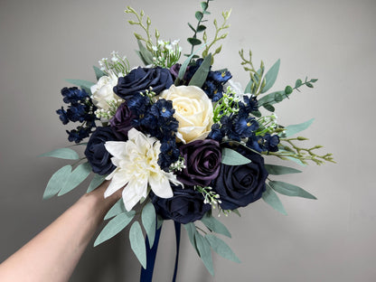 Navy Blue Bouquet Wedding Bridal Bouquet Navy Blue White Bouquet Plum Bridesmaids Blue Bouquet Purple Dark Blue Artificial Flower