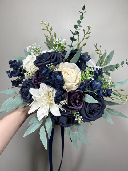 Navy Blue Bouquet Wedding Bridal Bouquet Navy Blue White Bouquet Plum Bridesmaids Blue Bouquet Purple Dark Blue Artificial Flower