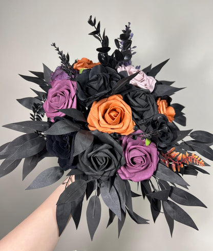 Black Orange Bouquet Wedding Dark Purple Bridal Black Bouquet Bridesmaids Plum Burnt Orange Black Gothic Bouquet Rust Artificial Flower