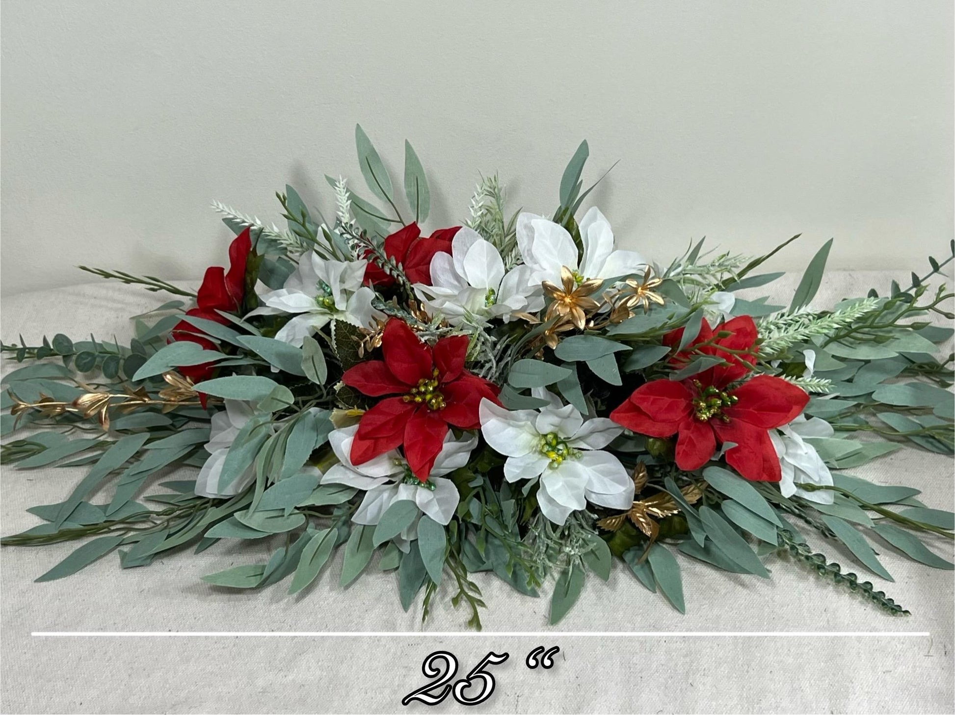 Christmas Sweetheart Wedding Poinsettias White Red Wedding Table Decor Winter Centerpiece Arch Arrangement Arbor Poinsettias Greenery Sage