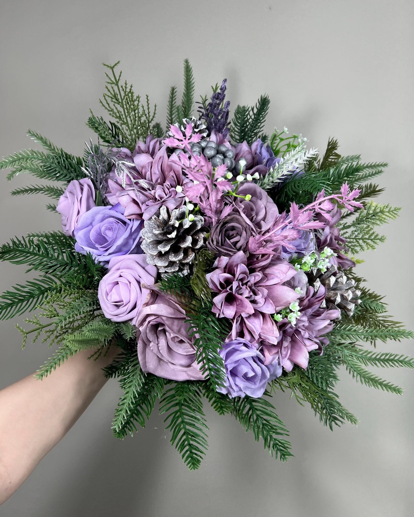 Purple Bouquet Wedding Bridal Christmas Bouquet Pine Bridesmaids Purple Bouquet Winter Pine Cone Lilac Bouquet Artificial Flower