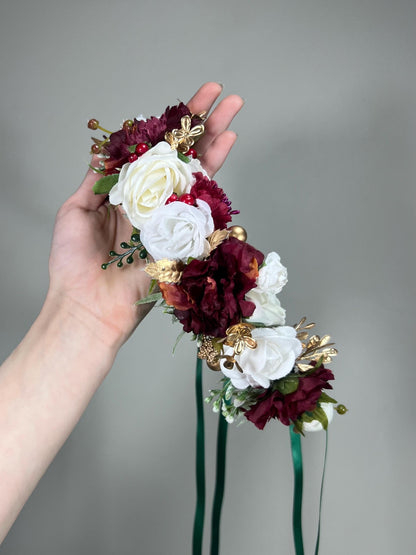 Christmas Flower Crown White Wedding Crown Winter Floral Headband Flower Adult Crown Burgundy Flower Girl Wreath Pine Crown Children Hair