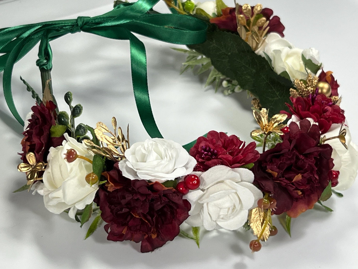 Christmas Flower Crown White Wedding Crown Winter Floral Headband Flower Adult Crown Burgundy Flower Girl Wreath Pine Crown Children Hair