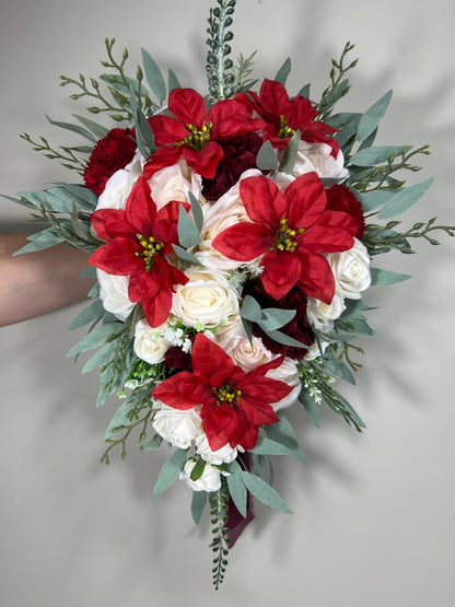 Christmas Bouquet Wedding Bridal Cascading Bouquet White Poinsettias Bridesmaids Bouquet Cascade Red Bouquet Winter Flower Poinsettia