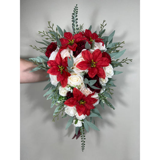 Christmas Bouquet Poinsettias Wedding Bridal Cascading Bouquet White Bridesmaids Bouquet Cascade Red Bouquet Winter Flower Poinsettia