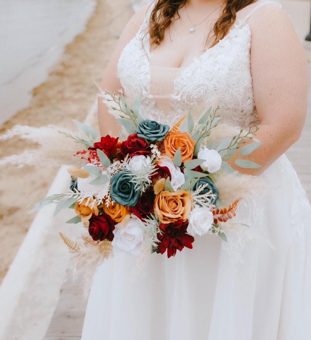 Wedding Dark Teal Bouquet Bridal Burgundy Terracotta Bridesmaids Burgundy Burnt Orange Bouquet Dark Teal Rust Artificial Flowers Bouquet