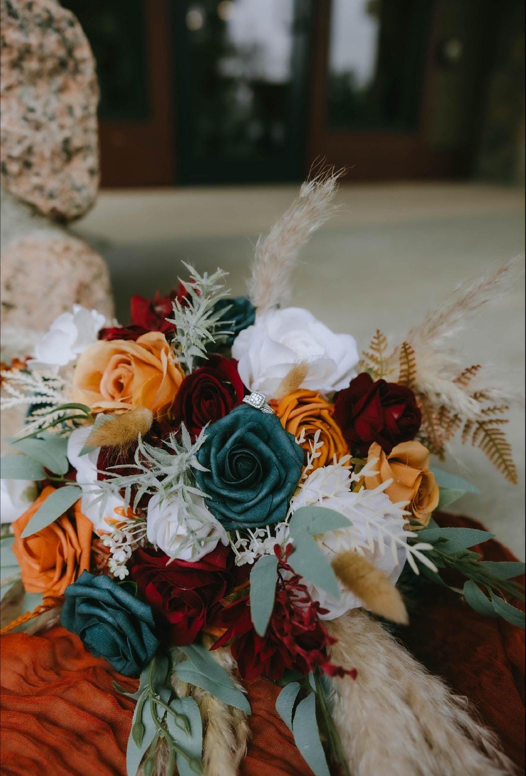 Dark Teal Bouquet Wedding Bridal Burgundy Terracotta Bridesmaids Burgundy Teal Burnt Orange Bouquet Dark Teal Rust Pampas Grass