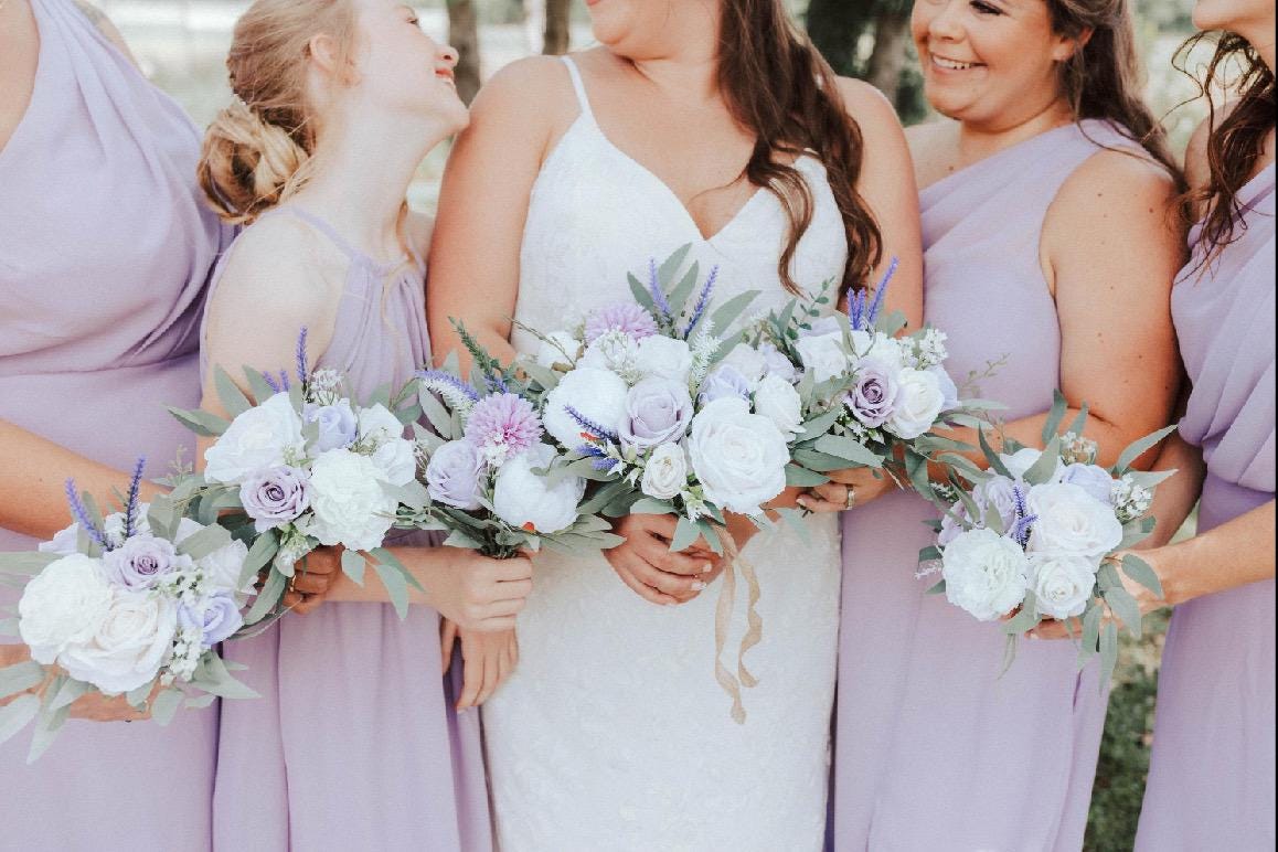 Wedding Lavender Bouquet Purple Bridal Violent Bouquet Plum Bridesmaids Lilac Dandelion White Eucalyptus Ivory Wild Flowers Artificial