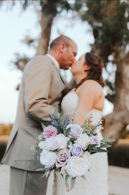 Wedding Lavender Bouquet Purple Bridal Violet Bouquet Plum Bridesmaids Lilac Dandelion Hydrangea Eucalyptus White Wild Flowers Artificial