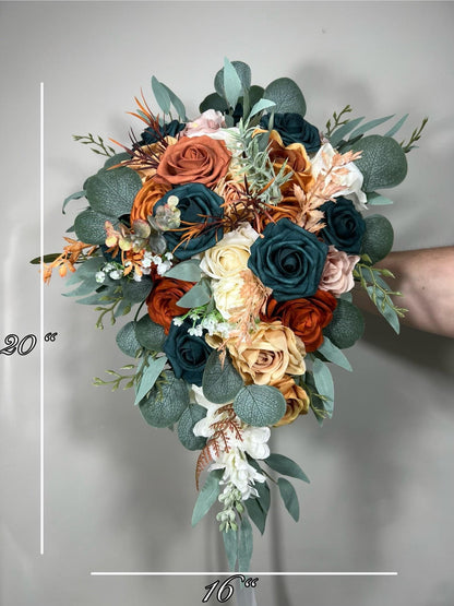 Dark Teal Orange Bouquet Wedding Bridal Bouquet Rust Teal Dusty Rose Bridesmaids Bouquet Dark Teal Terracotta Blush Burnt Orange Eucalyptus