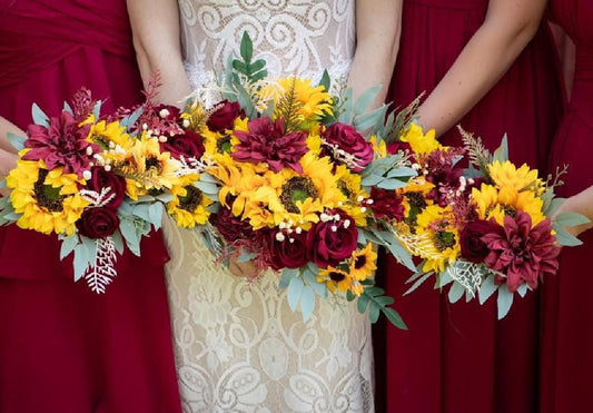 Sunflower Bouquet Wedding Bridal Sunflower Burgundy Bouquet Bridesmaids Fall Decor Sunflower Red Baby Breath Artificial Flower