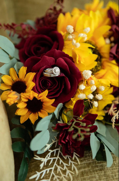 Sunflower Bouquet Wedding Bridal Sunflower Burgundy Bouquet Bridesmaids Fall Decor Sunflower Red Baby Breath Artificial Flower