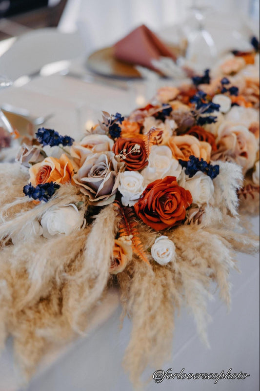 Wedding Sweetheart Terracotta Navy Blue Burnt Orange Boho Table Arrangement Rust Centerpiece Table Orange Blue Sweetheart Pampas Grass