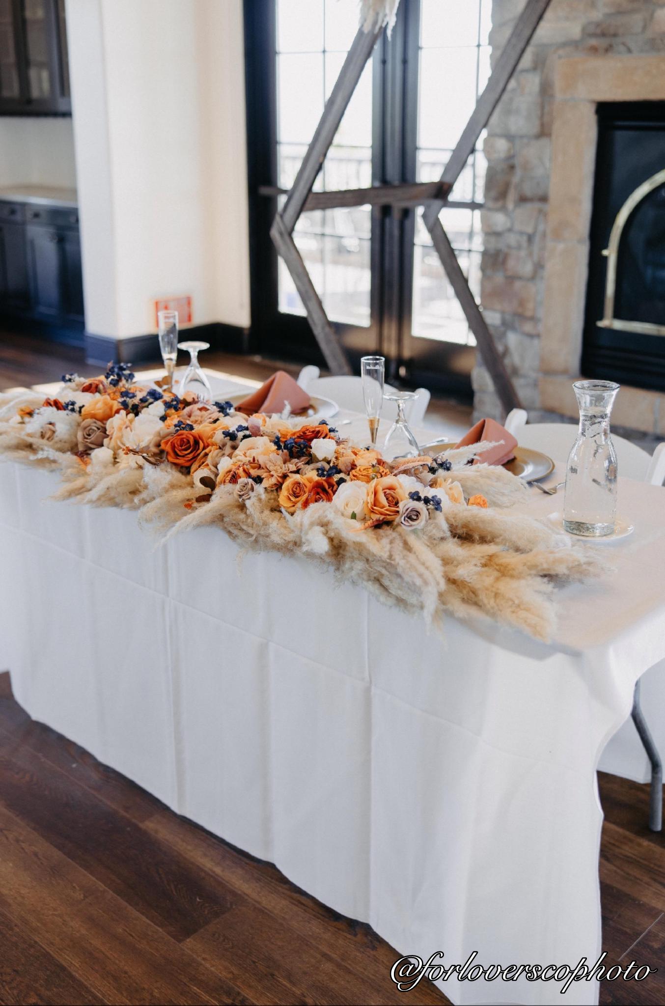Wedding Sweetheart Terracotta Navy Blue Burnt Orange Boho Table Arrangement Rust Centerpiece Table Orange Blue Sweetheart Pampas Grass