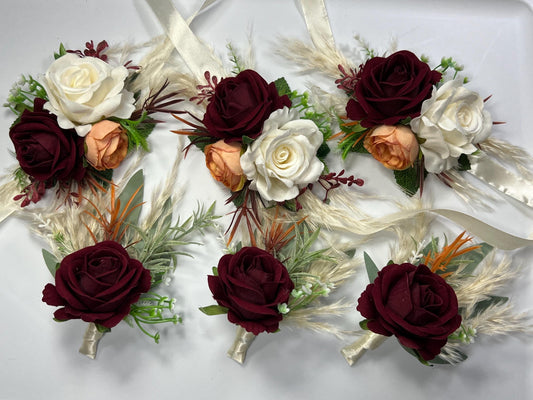 Burgundy Boutonniere Wedding Orange Groom Boutonniere Pin-on Groomsmen White Burnt Orange Dad Terracotta Burgundy Artificial Flower Pampas