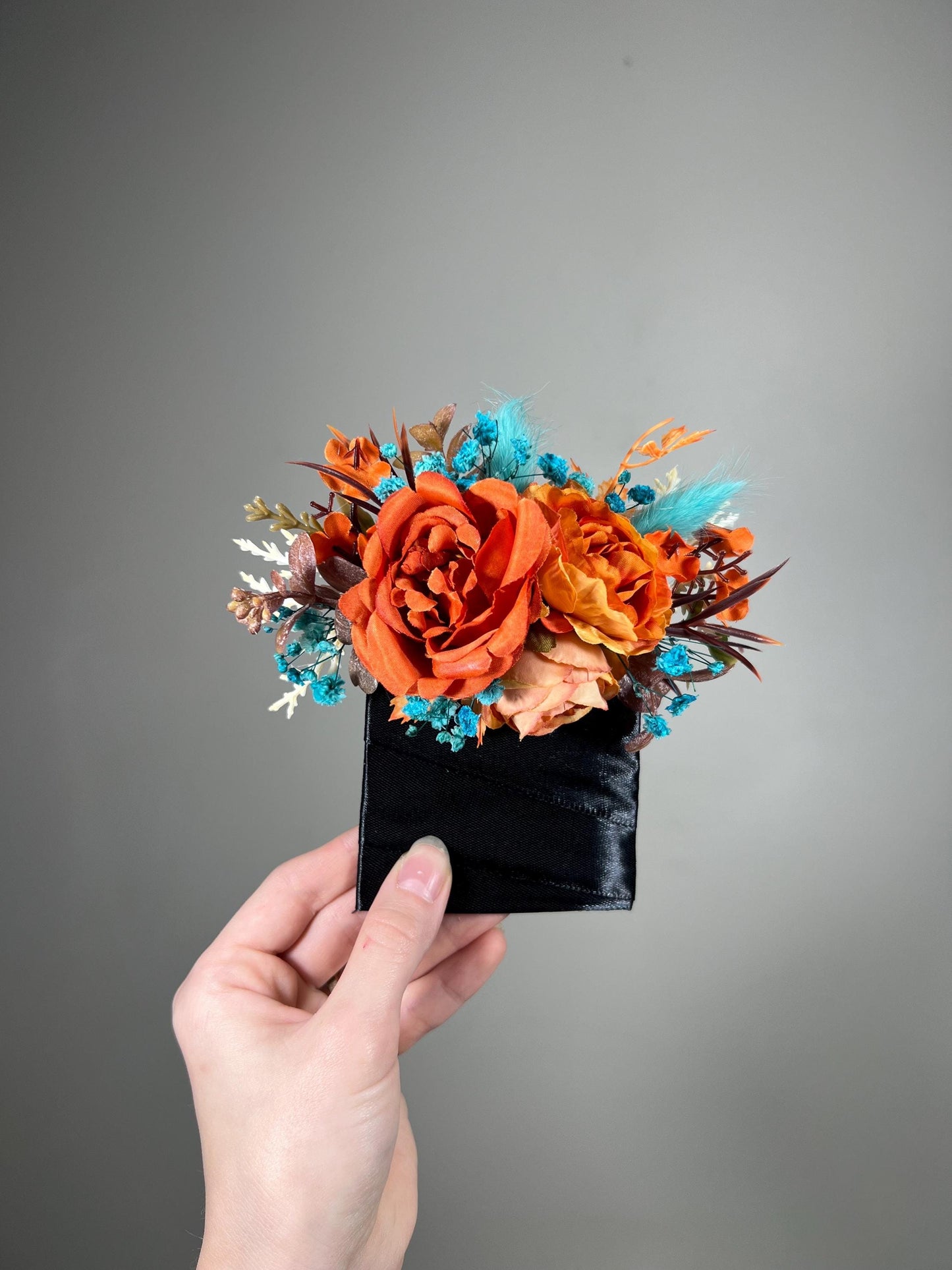 Teal Orange Pocket Boutonniere Wedding Turquoise Terracotta Pocket Boutonnière Groom Rust Teal Boutonnière Square Burnt Orange Baby Breath