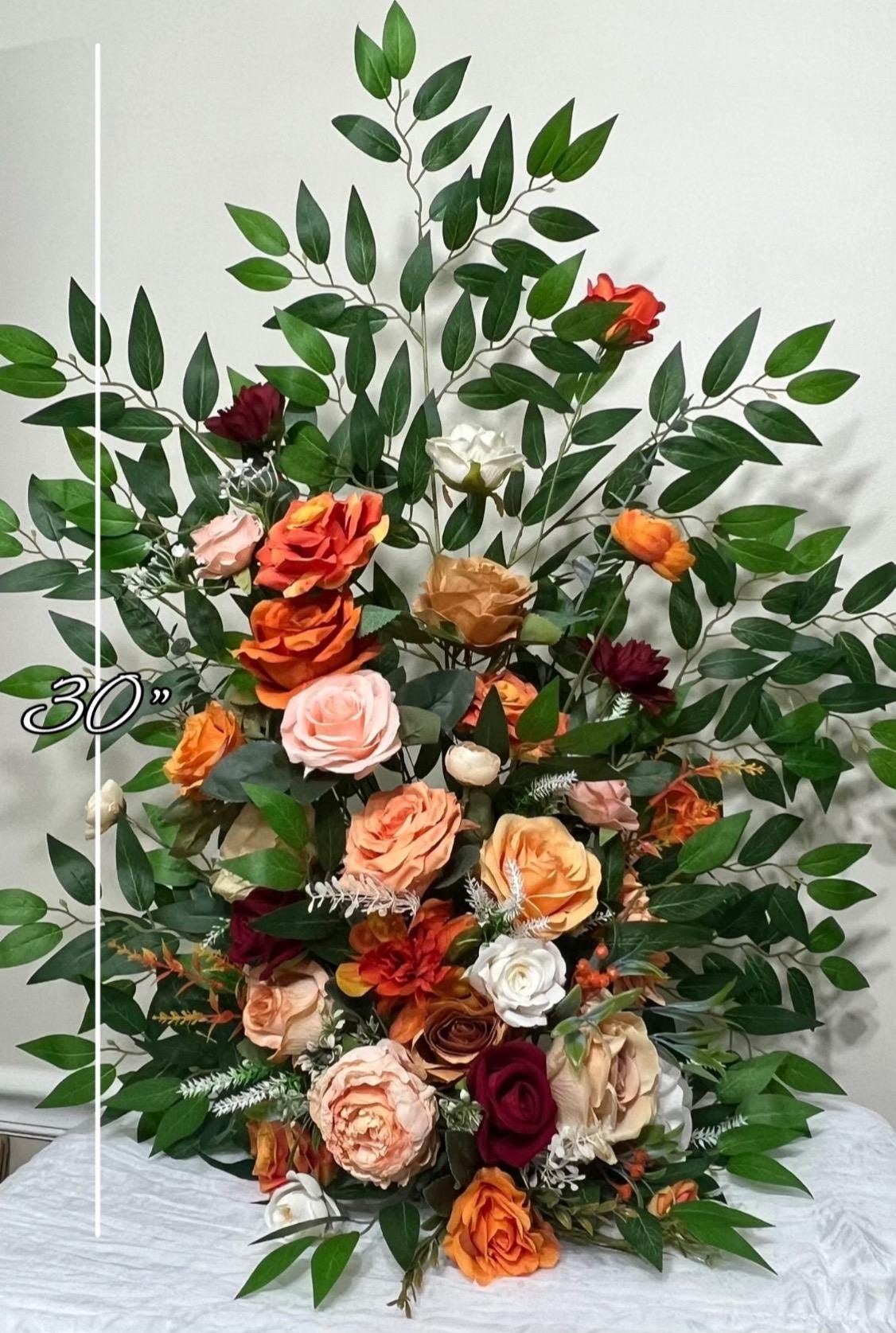 Wedding Aisle Marker Flower Floor Arrangement Whiskey Barrel Décor Orange Ground Arch Burgundy Ivory Burnt Orange Peach Flower