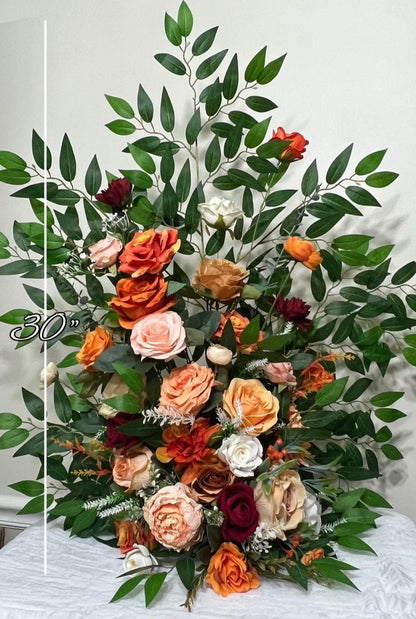 Wedding Aisle Marker Flower Floor Arrangement Whiskey Barrel Décor Orange Ground Arch Burgundy Ivory Burnt Orange Peach Flower