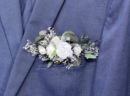 White Pocket Boutonniere Wedding Greenery Groom Boutonnière Square Groomsmen Wedding Ivory Rustic Eucalyptus Baby Breath Artificial Flowers