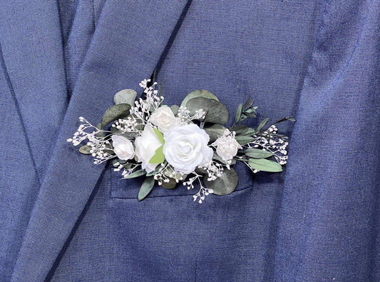 White Pocket Boutonniere Wedding Greenery Groom Boutonnière Square Groomsmen Wedding Ivory Rustic Eucalyptus Baby Breath Artificial Flowers