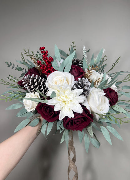 Christmas Bouquet Wedding Bridal Bouquet White Winter Burgundy Bridesmaids Bouquet Pine Cone Gold Christmas Bouquet