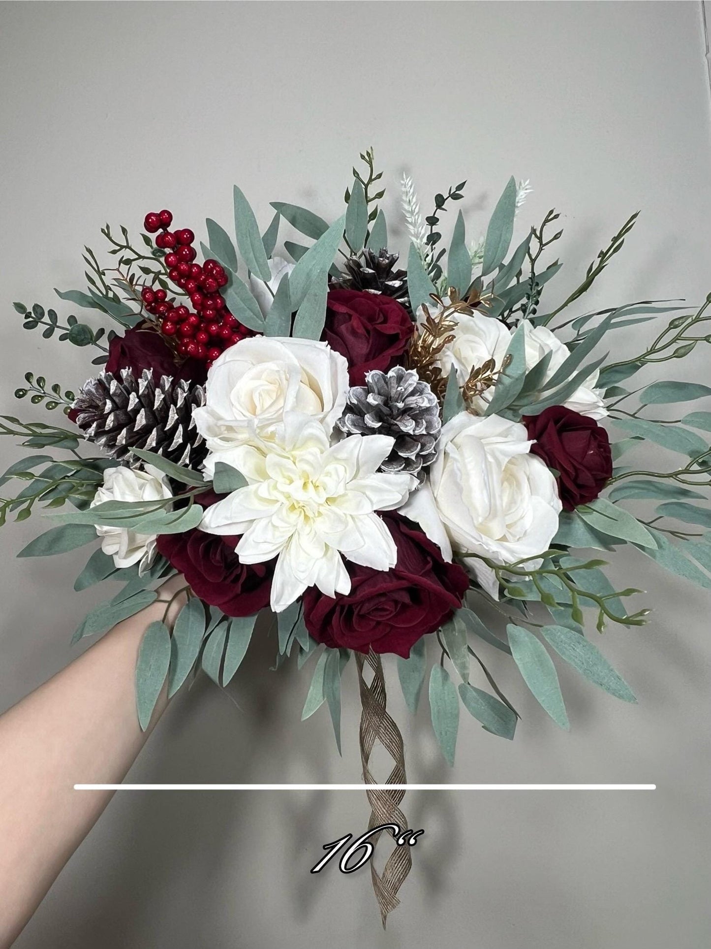 Christmas Bouquet Wedding Bridal Bouquet White Winter Burgundy Bridesmaids Bouquet Pine Cone Gold Christmas Bouquet