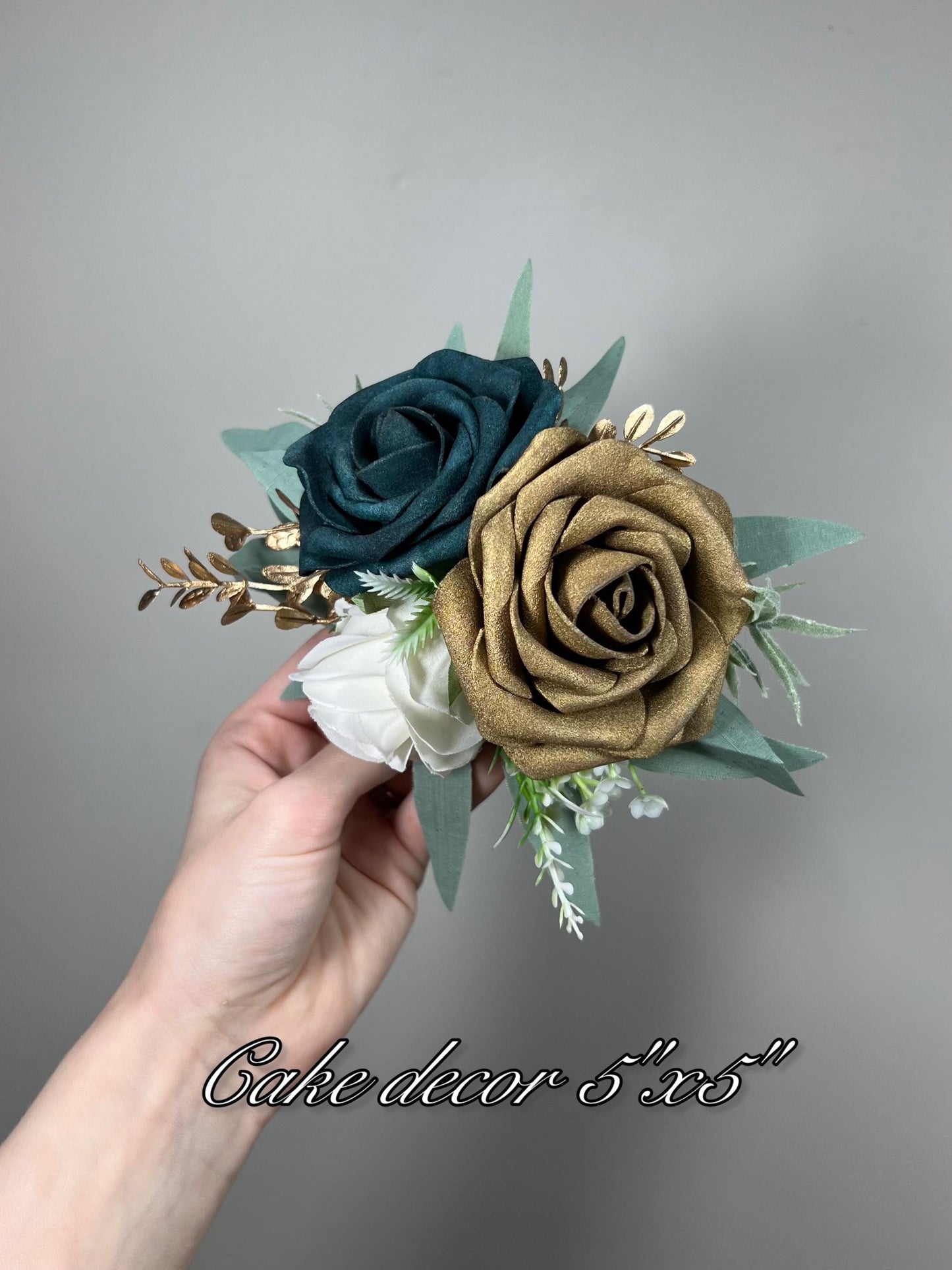 Teal Cake Decoration Gold Cake Topper Dark Teal Decor Cake Arrangements Teal White Wedding Cake Decoration Gold Flower Topper