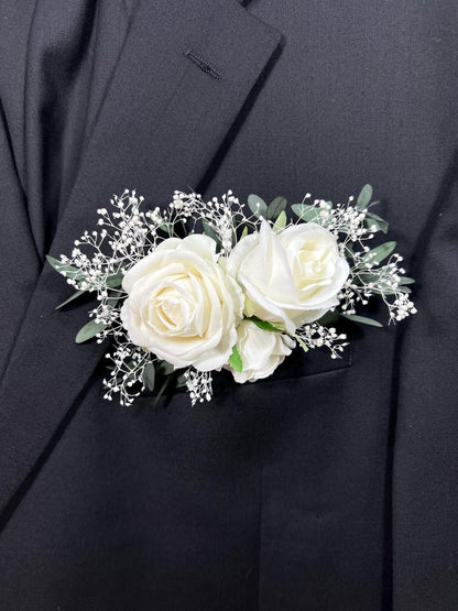 White Pocket Boutonniere Wedding Eucalyptus Groom Boutonnière Ivory Square Groomsmen Greenery Pocket Boutonniere Baby Breath