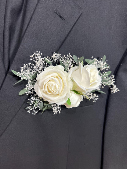 White Pocket Boutonniere Wedding Eucalyptus Groom Boutonnière Ivory Square Groomsmen Greenery Pocket Boutonniere Baby Breath