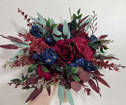 Burgundy Navy Blue Bouquet Wedding Bridal Bouquet Red Dark Blue Bridesmaids Bouquet Burgundy Navy Blue Artificial Flower