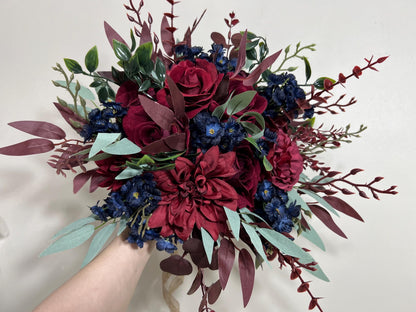 Burgundy Navy Blue Bouquet Wedding Bridal Bouquet Red Dark Blue Bridesmaids Bouquet Burgundy Navy Blue Artificial Flower