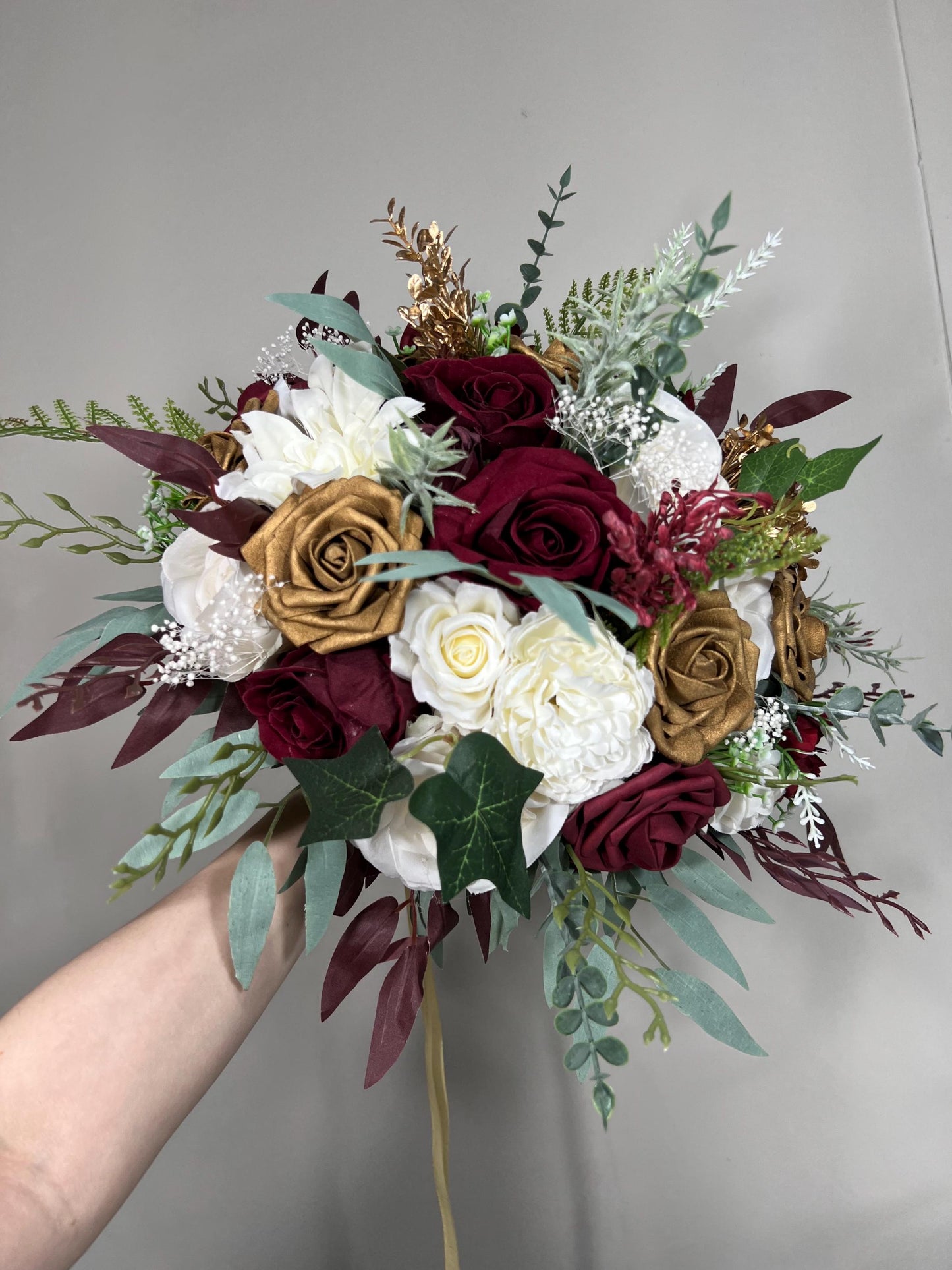 White Burgundy Bouquet Bridal Gold White Bouquet Christmas Bridesmaids Bouquet Winter White Gold Burgundy Eucalyptus Fern Artificial Flower